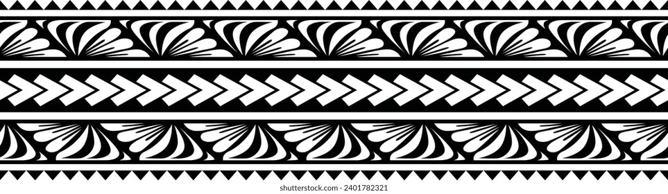 Polynesian tattoo design tribal border. Tribal design ethnic ornament maori band. Samoan Tattoo ribbon sleeve bracelet. Fabric seamless isolated hawaiian armband pattern on white background. 