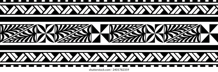 Polynesian tattoo design tribal border. Tribal design ethnic ornament maori band. Samoan Tattoo ribbon sleeve bracelet. Fabric seamless isolated hawaiian armband pattern on white background. 