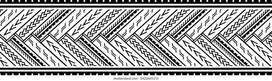 Polynesian tattoo design tribal border. Tribal design ethnic ornament maori band. Samoan Tattoo ribbon sleeve bracelet. Fabric seamless isolated hawaiian armband pattern on white background. 