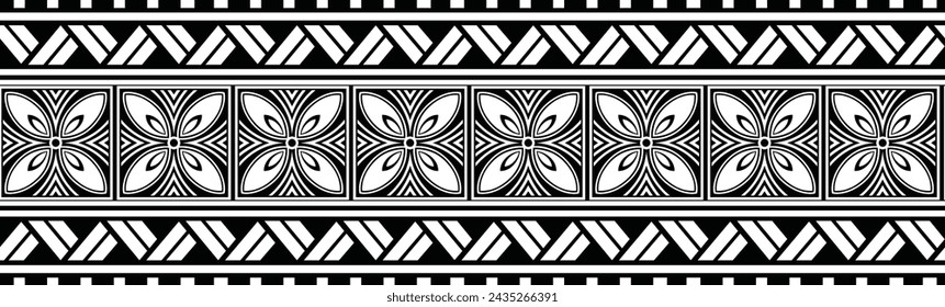 Polynesian tattoo design tribal border. Tribal design ethnic ornament maori band. Samoan Tattoo ribbon sleeve bracelet. Fabric seamless isolated hawaiian armband pattern on white background. 