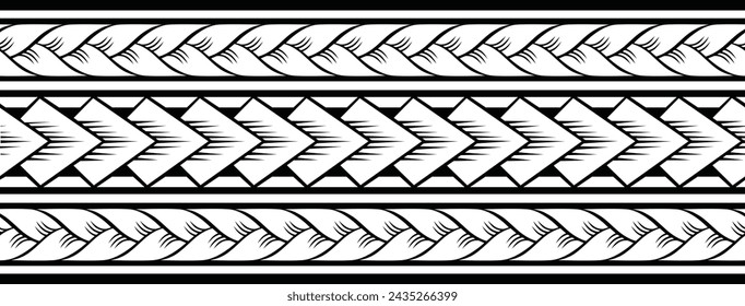 Polynesian tattoo design tribal border. Tribal design ethnic ornament maori band. Samoan Tattoo ribbon sleeve bracelet. Fabric seamless isolated hawaiian armband pattern on white background. 