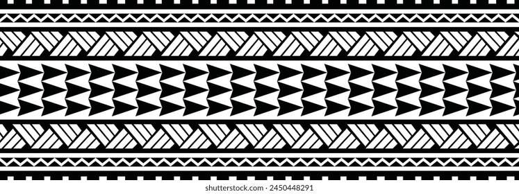 Polynesian tattoo design tribal border. Tribal design ethnic ornament maori band. Samoan Tattoo ribbon sleeve bracelet. Fabric seamless isolated hawaiian armband pattern on white background. 