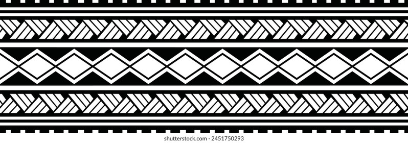 Polynesian tattoo design tribal border. Tribal design ethnic ornament maori band. Samoan Tattoo ribbon sleeve bracelet. Fabric seamless isolated hawaiian armband pattern on white background. 