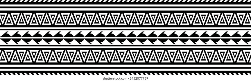 Polynesian tattoo design tribal border. Tribal design ethnic ornament maori band. Samoan Tattoo ribbon sleeve bracelet. Fabric seamless isolated hawaiian armband pattern on white background. 