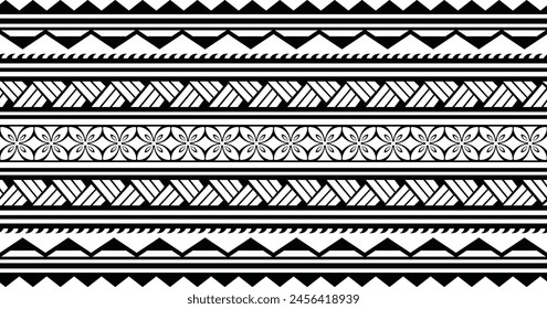 Polynesian tattoo design tribal border. Tribal design ethnic ornament maori band. Samoan Tattoo ribbon sleeve bracelet. Fabric seamless isolated hawaiian armband pattern on white background. 