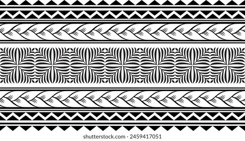 Polynesian tattoo design tribal border. Tribal design ethnic ornament maori band. Samoan Tattoo ribbon sleeve bracelet. Fabric seamless isolated hawaiian armband pattern on white background. 