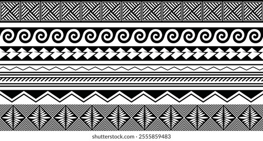 Polynesian tattoo design tribal border. Tribal design ethnic ornament maori band. Samoan Tattoo ribbon sleeve bracelet. Fabric seamless isolated hawaiian armband pattern on white background. 