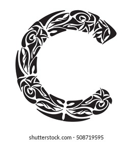 Polynesian tattoo initials. Boho Capital letter C. Vector illustration for coloring page, tattoos, invitations or decoration. Tribal design element.