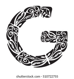 Polynesian tattoo initials. Boho Capital letter G. Vector illustration for coloring page, tattoos, invitations or decoration. Tribal design element.