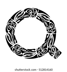 Polynesian tattoo initials. Boho Capital letter Q. Vector illustration for coloring page, tattoos, invitations or decoration. Tribal design element.