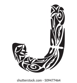 Polynesian tattoo initials. Capital letter J. Vector illustration for coloring page, tattoos, invitations or decoration.