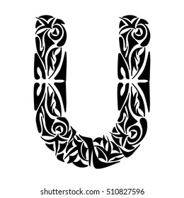 Polynesian tattoo initials. Tribal Capital letter U. Vector illustration for coloring page, tattoos, invitations or decoration.
