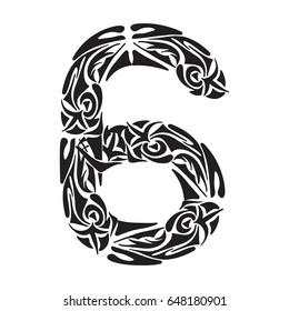 Polynesian tattoo numeral. Boho Figure six. Vector illustration for coloring page, invitations or decoration. Tribal design element.