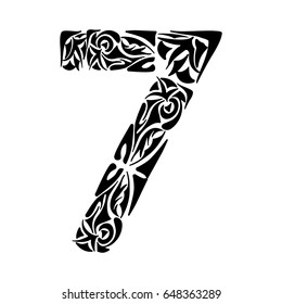 Polynesian tattoo numeral. Boho Figure seven. Vector illustration for coloring page, invitations or decoration. Tribal design element.