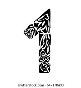 Polynesian tattoo numeral. Boho number one. Vector illustration for coloring page, invitations or decoration. Tribal design element.