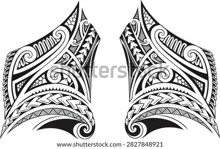 Polynesian tribal chest tattoo vector illustration with symmetrical traditional geometric patterns