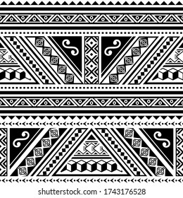 Polynesian tribal geometric seamless vector horizontal pattern, Hawaiian traditional design inspired by Maori tattoo art. Retro abstract rt repetitive design with triangles, zig-zag shapes in black 