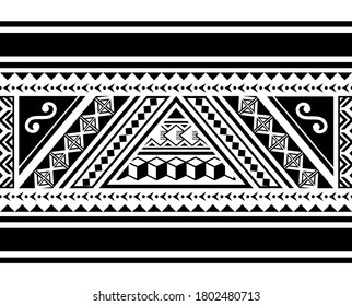 Polynesian tribal seamless vector horizontal pattern, Hawaiian retro design inspired by Maori tattoo art. Repetitive ornament with geometric shapes in blak and white - fabric print design or wallpaper