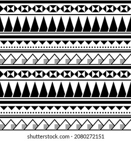 Polynesian tribal seamless vector pattern with geometric shapes, retro Hawaiian textile or fabric print in black and white. Traditional zig-zag tattoo art repetitive design with triangles, monochrome 