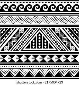 Polynesian tribal seamless vector pattern with geometric shapes, cool black and white Hawaiian style textile or fabric print. Retro tattoo art repetitive design with triangles, waves