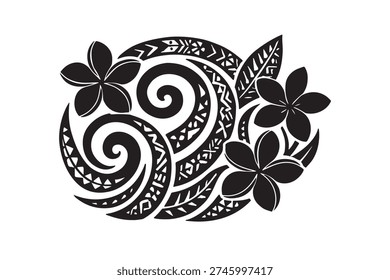 Polynesian tribal tattoo design featuring plumeria flowers and traditional wave patterns