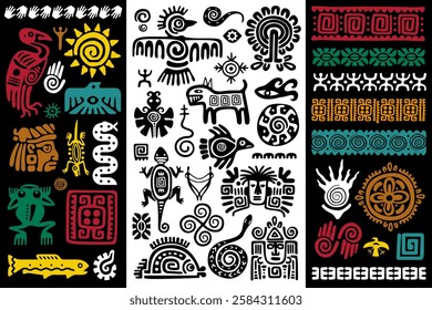 Polynesian tribal tattoo ornaments. Ancient tribal indigenous symbols with animals, sun and human figures. Ethnic patterns with geometric shapes and swirls vector set.