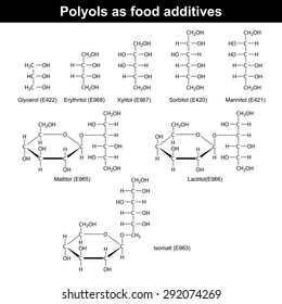 Polyols which are used as food additives - structural chemical formulas, 2d vector, eps 8 svg