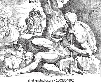 Polyphemus guards the flock, The giant Polyphemus guards the flock and sees Odysseus and his men go ashore, vintage engraving.