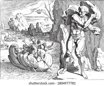 Polyphemus throws a rock at the ship of Odysseus, The giant Polyphemus throws a rock at the departing ship of Odysseus, vintage engraving.