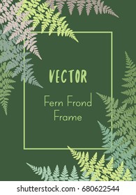 Polypodiophyta plant leaves decorative background and rectangular vertical frame. Detailed silver fern drawing, tropical forest herbs, fern frond grass rectangle border.