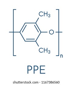 Poly(p-phenylene oxide) (PPO) polymer, chemical structure. Also known as poly(p-phenylene ether) or PPE. Skeletal formula.
