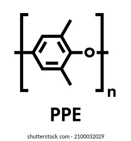 Poly(p-phenylene oxide) (PPO) polymer, chemical structure. Also known as poly(p-phenylene ether) or PPE. Skeletal formula.