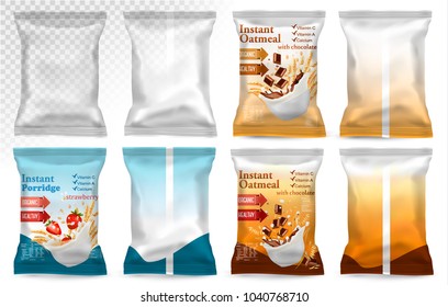 Polypropylene plastic packaging - instant porridge advert concept. Desing template. Vector illustration 