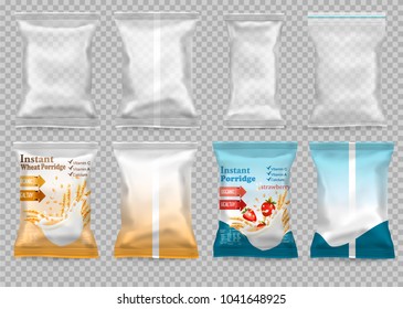 Polypropylene plastic packaging - instant porridge advert concept. Desing template. Vector illustration 