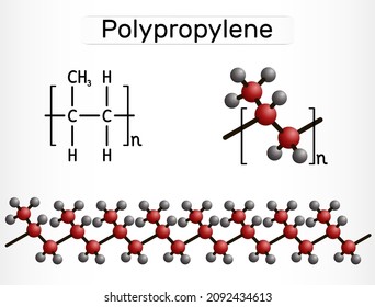 Polypropylene (PP), polypropene molecule. It is thermoplastic polymer of propylene. Structural chemical formula and molecule model. Vector illustration