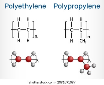 Polypropylene (PP, polypropene) and polyethylene (polythene, PE, polyethene) molecule. Structural chemical formula and molecule model of polymers. Vector illustration