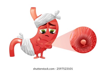 Polyps in stomach, cute cartoon character with stomach in pain. Sad stomach is wrapped in bandages. Vector illustration