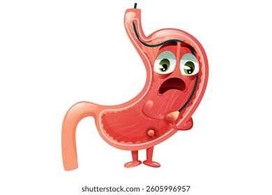 Polyps in stomach, scared cute stomach character. Concept of endoscopy, diagnosis and prevention of gastric cancer. Vector illustration