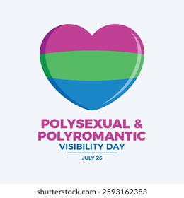 Polysexual and Polyromantic Visibility Day poster vector illustration. Polysexual pride flag in heart shape icon on a purple background. LGBT polysexual flag love symbol. Template for background, card