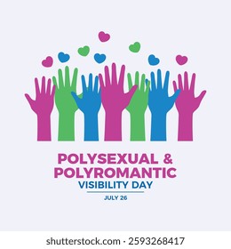 Polysexual and Polyromantic Visibility Day poster vector illustration. Polysexual raised hands up pride flag icon. LGBTQIA polysexual hands up silhouette vector. Template for background, banner, card