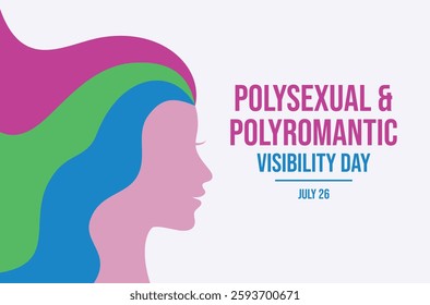 Polysexual and Polyromantic Visibility Day poster vector illustration. Female head in profile with long rainbow hair icon. LGBT polysexual pride flag symbol. Template for background, banner, card
