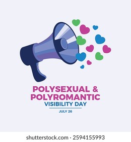 Polysexual and Polyromantic Visibility Day poster vector illustration. Loud speaker and hearts shape icon vector. LGBTQIA polysexual megaphone love symbol. Template for background, banner, card