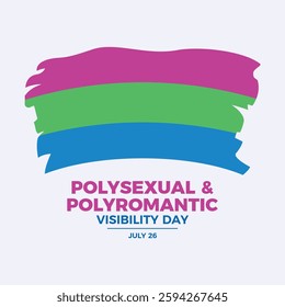 Polysexual and Polyromantic Visibility Day poster vector illustration. Polysexual grunge pride flag icon. LGBTQIA polysexual paintbrush flag symbol. Template for background, banner, card. 26 July