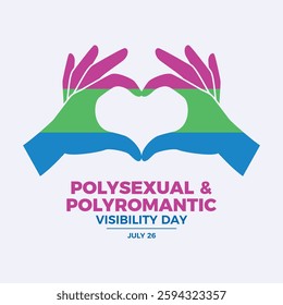 Polysexual and Polyromantic Visibility Day poster vector illustration. Hand heart gesture Polysexual pride flag icon. LGBTQIA polysexual love hands symbol. Template for background, banner, card