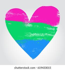 Polysexual pride flag in a form of heart. Brush stroke style. Vector EPS 10