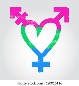 Polysexual pride flag in a form of heart with transgender symbol. Brush stroke style. Vector EPS 10