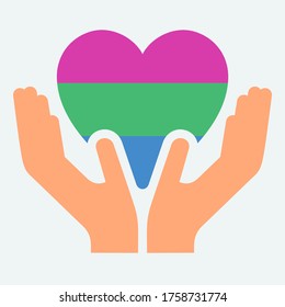 Polysexual pride flag, in heart shape icon on white background, vector illustration