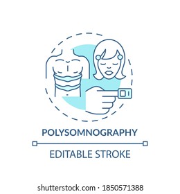 Icono de concepto turquesa de polisomnografía. Estudio de siesta diurna. Dispositivo de supervisión. Ilustración en línea delgada de la idea de examen de atención médica. Dibujo de color RGB con contorno aislado del vector. Trazo editable