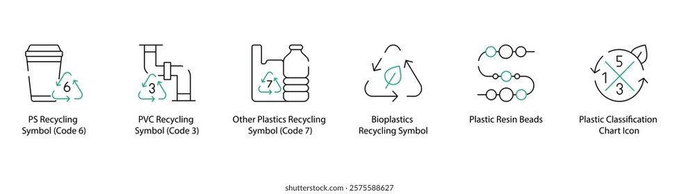 Polystyrene Recycling Symbol, Polyvinyl Chloride Recycling, Other Plastics Recycling, Bioplastics Recycling, Plastic Resin Beads, and Plastic Classification Chart Icons - Vector Illustration