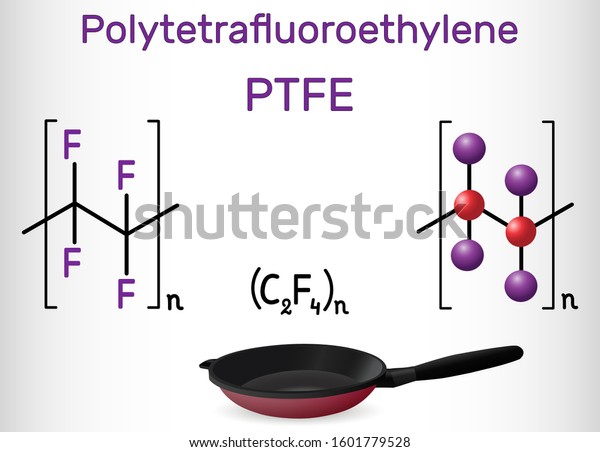 Polytetrafluoroethylene or PTFE polymer\
molecule with non stick frying pan. Structural chemical formula and\
molecule model. Vector\
illustration